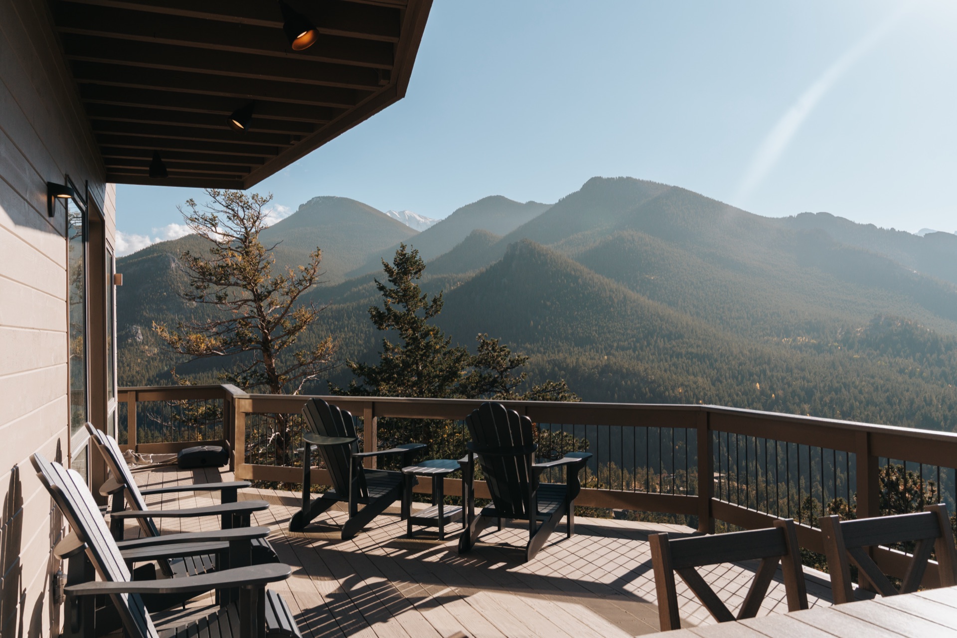 Panoramic mountain views from Casa de Cristal deck in Estes Park