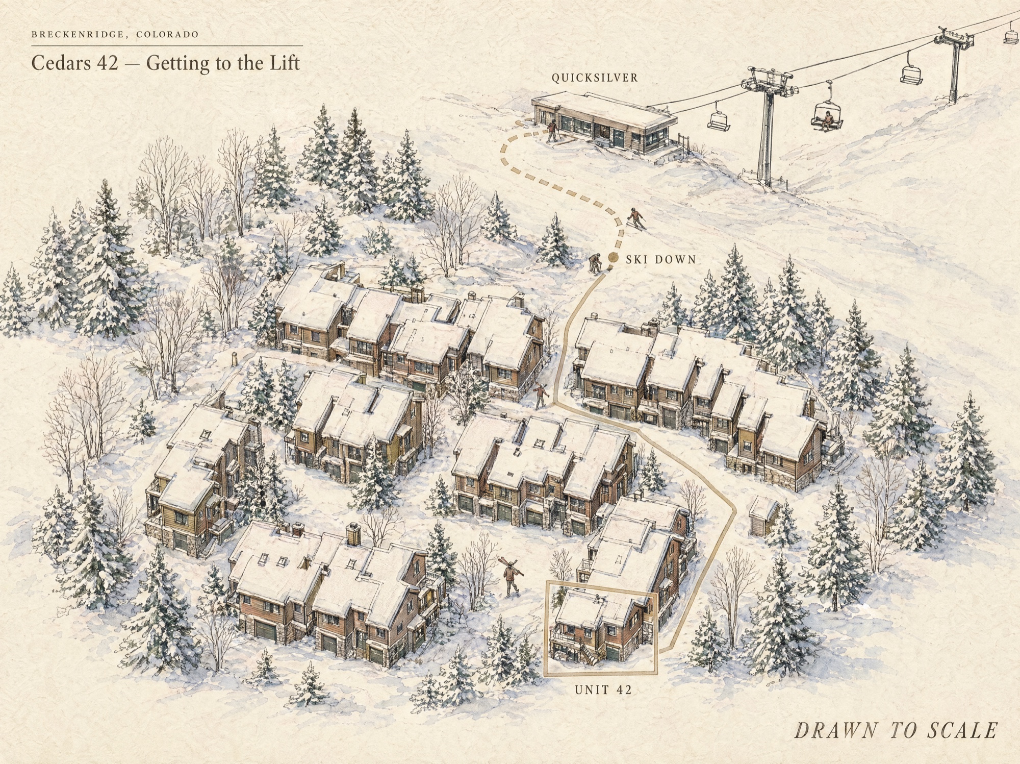 Hand-drawn editorial winter map showing the walking path from Cedars 42 Unit 42 through the courtyard to the Quicksilver SuperChair on Peak 9
