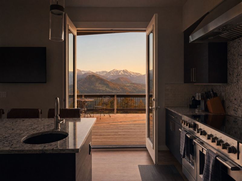 Kitchen counters facing the Rockies