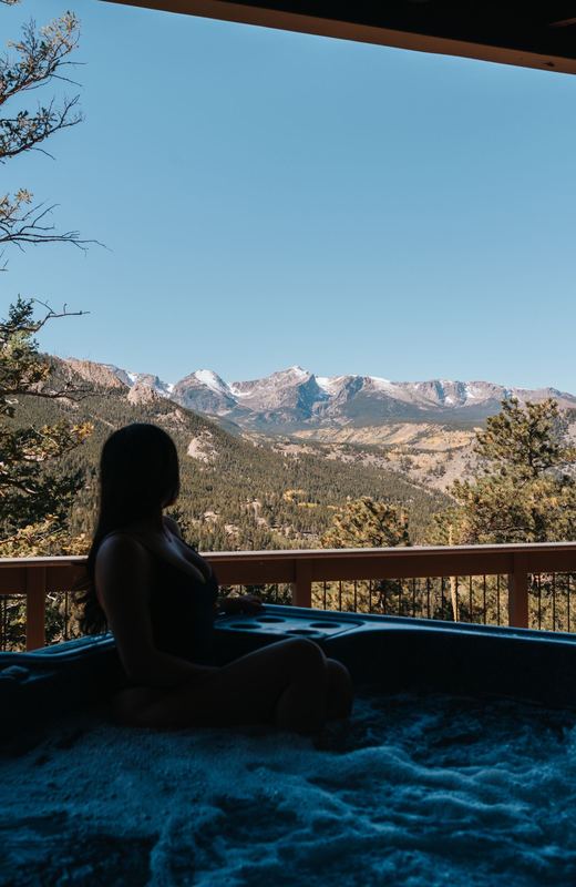 Private hot tub with mountain backdrop and open sky for stargazing